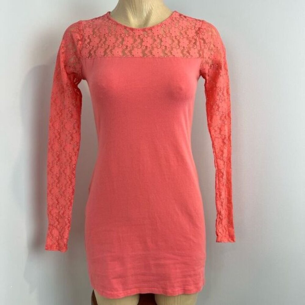 American Heritage Women’s XS Coral Pink Orange Mini Dress Long Sleeve Lace